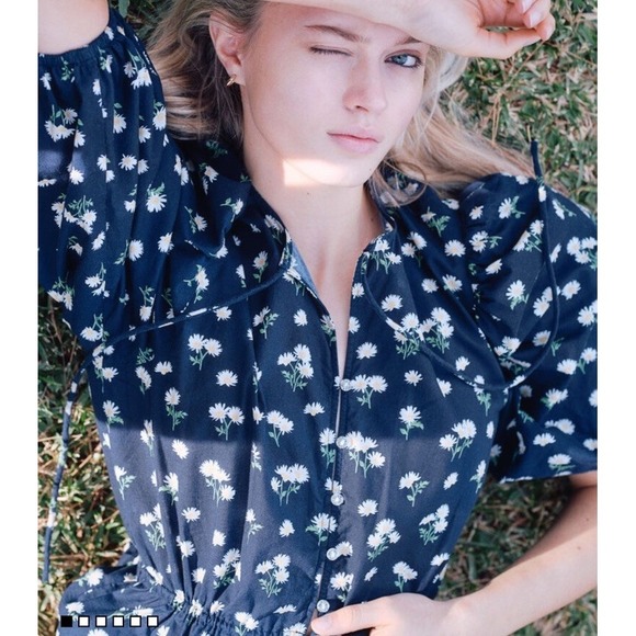 H&M Tops - H&M Navy Yellow Daisy Floral Tie Front Blouce Puff Sleeves Top Woman's Size S